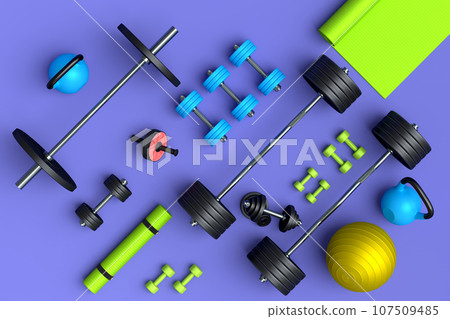 Isometric view of sport equipment like kettlebell, fitness ball and yoga mat 107509485