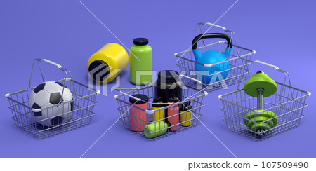 Sport equipment for fitness, gym, crossfit in shopping basket on violet 107509490