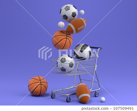 Set of ball like basketball, football and golf in shopping cart on violet 107509491