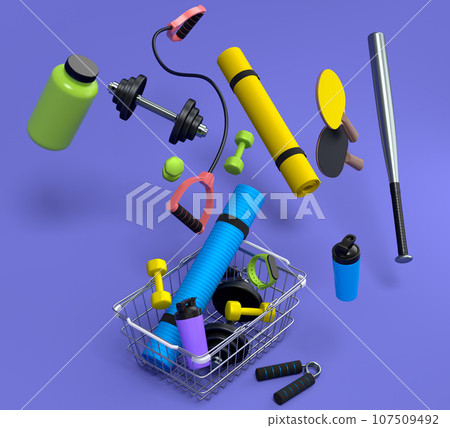 Sport equipment for fitness, gym, crossfit in shopping basket on violet 107509492