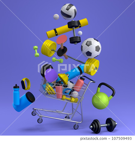 Sport equipment for fitness, gym, crossfit in shopping cart on violet 107509493