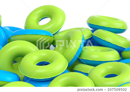 Pile of inflatable ring for swimming pool isolated on white background 107509502
