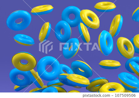 Many of flying inflatable ring for swimming pool isolated on violet background Many of flying inflatable ring for swimming pool isolated on violet background 107509506
