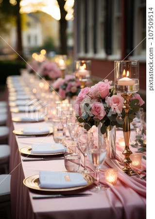 Elegant reception tables decorated with pink and gold accents 107509514