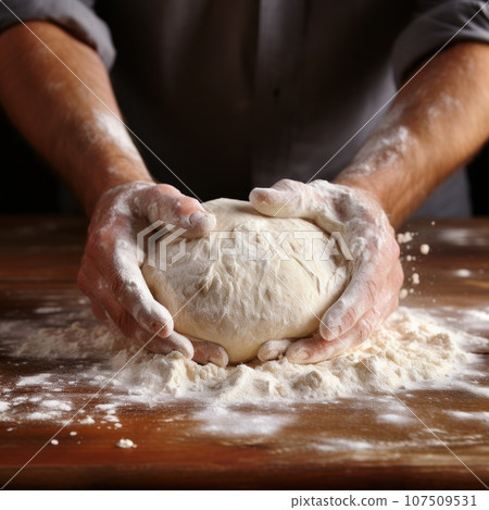 Flour-covered hands forming dough into perfect round shapes Flour-covered hands forming dough into perfect round shapes 107509531