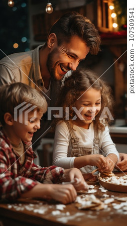 Happy parents and kids smiling while decorating cookies with sprinkles 107509541