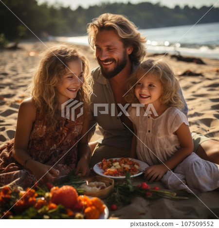 Cheerful family enjoying a picnic on the sandy shore Cheerful family enjoying a picnic on the sandy shore 107509552