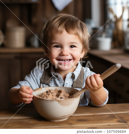 Adorable child stirring cookie dough with a wooden spoon 107509884