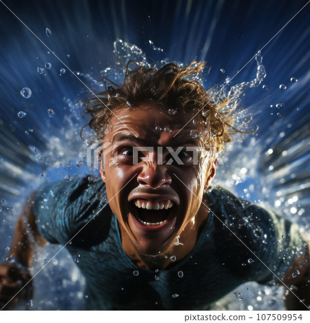 Energetic shot of a swimmer racing through the water like a torped Energetic shot of a swimmer racing through the water like a torped 107509954