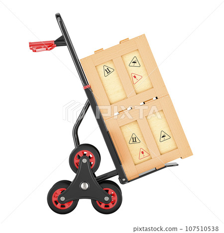 Stair climbing hand truck with wooden parcels. 3D rendering 107510538