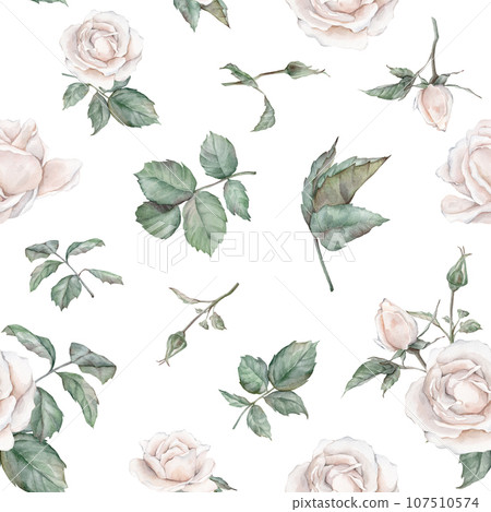 White roses seamless pattern. White roses arrangement. collection garden flowers, leaves. watercolor hand painting illustration on isolate white background. For wedding invitations, anniversary 107510574