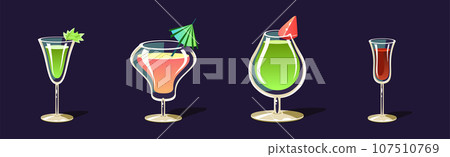 Cocktail and Beverage Poured in Glass as Alcohol Drink Vector Set Cocktail and Beverage Poured in Glass as Alcohol Drink Vector Set 107510769
