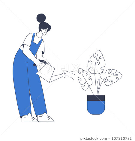 Cleaning Service with Professional Woman Worker Character Watering Flower Vector Illustration 107510781