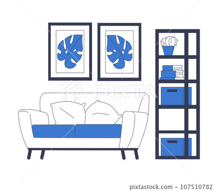 Living Room Interior with Sofa and Shelf Furniture Vector Illustration Living Room Interior with Sofa and Shelf Furniture Vector Illustration 107510782