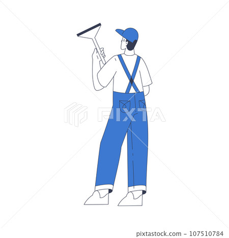 Window Cleaning Service with Professional Man Worker Character Scrub with Squeegee Vector Illustration 107510784