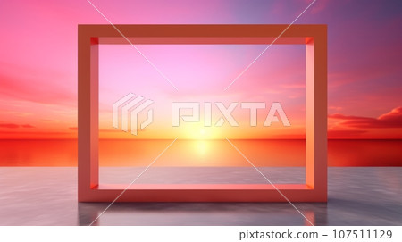 Sunset Creative Abstract Geometric Frame. Textured photorealistic mount. Abstract Bright Surface Geometrical Horizontal Background. Ai Generated Photo frame with copy space. 107511129