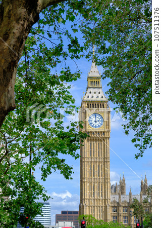 Big Ben clock on the Houses of Parliament behind tree branches. London Landmark. Big Ben clock on the Houses of Parliament behind tree branches. London Landmark. 107511376