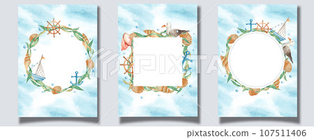 Set of cards templates with cute watercolor ship, boat, wooden steering wheel, seaweeds, seashells, nautical anchor, orange net, sea gull and water bubbles, blue watercolor splashes. Marine design Set of cards templates with cute watercolor ship, boat, wooden steering wheel, seaweeds, seashells, nautical anchor, orange net, sea gull and water bubbles, blue watercolor splashes. Marine design 107511406