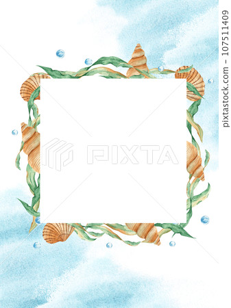 Sea card template with sea square frame, seaweeds, seashells and water bubbles, blue watercolor splashes. Marine design. Hand drawn watercolor illustration. For save the date, greeting children Sea card template with sea square frame, seaweeds, seashells and water bubbles, blue watercolor splashes. Marine design. Hand drawn watercolor illustration. For save the date, greeting children 107511409