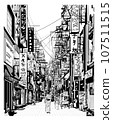 Black and white drawing of a street in Japan 107511515