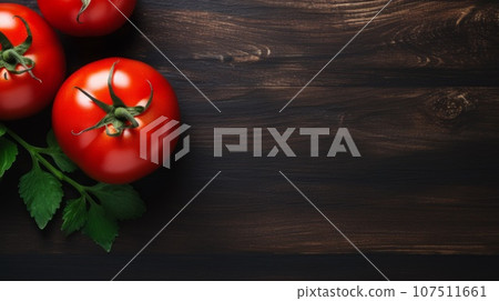 Fresh Organic Tomato Vegetable Photorealistic Horizontal Background. Healthy Vegetarian Diet. Ai Generated Background with Delicious Juicy Tomato Vegetable On Wooden Countertop with Copy Space. Fresh Organic Tomato Vegetable Photorealistic Horizontal Background. Healthy Vegetarian Diet. Ai Generated Background with Delicious Juicy Tomato Vegetable On Wooden Countertop with Copy Space. 107511661