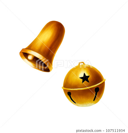 Watercolor christmas golden bells illustration. New year symbol isolated on white background. For designers, decoration, shop, for postcards, wrapping paper, covers. For posters and textile. 107511934