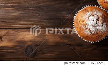 Freshly Baked Muffin Pastry Photorealistic Horizontal Background. Crusty Pastry, Gourmet Bakery. Ai Generated Background with Aromatic Traditional Muffin Pastry On Wooden Countertop with Copy Space. 107512256
