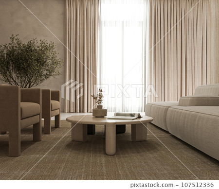 Gray minimal livingroom with large modular sofa, armchairs and window background. Light modern japanese nature view. 3d rendering. High quality 3d illustration 107512336