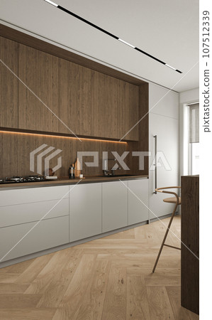 Modern minimal style wooden kitchen interior design with window and island background. 3d rendering. High quality 3d illustration 107512339