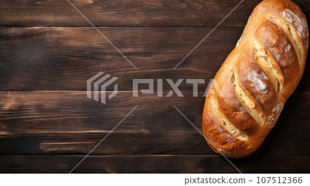 Freshly Baked Ciabatta Bread Photorealistic Horizontal Background. Crusty Pastry, Gourmet Bakery. Ai Generated Background with Aromatic Traditional Ciabatta Bread On Wooden Countertop with Copy Space. 107512366
