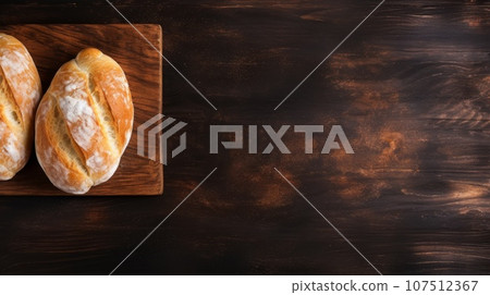Freshly Baked Ciabatta Bread Photorealistic Horizontal Background. Crusty Pastry, Gourmet Bakery. Ai Generated Background with Aromatic Traditional Ciabatta Bread On Wooden Countertop with Copy Space. 107512367