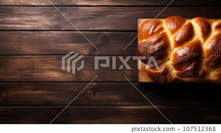 Freshly Baked Challah Bread Photorealistic Horizontal Background. Crusty Pastry, Gourmet Bakery. Ai Generated Background with Aromatic Traditional Challah Bread On Wooden Countertop with Copy Space. 107512368