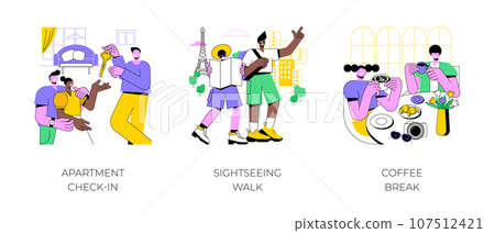 City trip isolated cartoon vector illustrations set. Couple make check-in in rented apartment, sightseeing walk, people drinking coffee in local cafe, cultural experience vector cartoon. 107512421