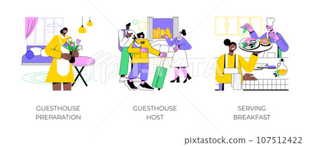 Bed and Breakfast business isolated cartoon vector illustrations set. Guesthouse owner preparing a room for tourists, host welcoming a guests, serving breakfast to travelers vector cartoon. 107512422