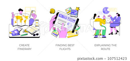 Travel planner isolated cartoon vector illustrations set. Create itinerary for holiday trip using map, finding best flights online, explaining the route to a customer, travel service vector cartoon. 107512423