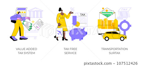 Transportation taxes abstract concept vector illustration set. Value added tax system, tax free service, transportation surtax, VAT number, purchase cost, transit service fee abstract metaphor. Transportation taxes abstract concept vector illustration set. Value added tax system, tax free service, transportation surtax, VAT number, purchase cost, transit service fee abstract metaphor. 107512426