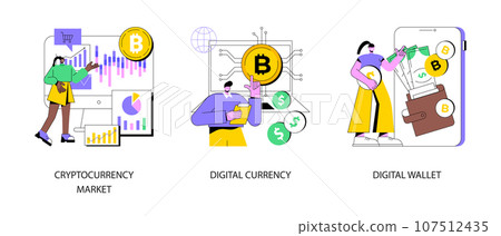 Digital money abstract concept vector illustration set. Cryptocurrency market, digital currency, electronic wallet, e-money transfer, payment technology, banking tool, shopping abstract metaphor. Digital money abstract concept vector illustration set. Cryptocurrency market, digital currency, electronic wallet, e-money transfer, payment technology, banking tool, shopping abstract metaphor. 107512435