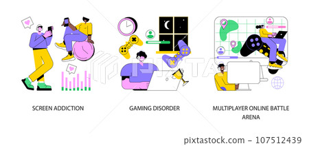 Digital overload abstract concept vector illustration set. Screen addiction, gaming disorder, multiplayer online battle arena, mental health, gaming platform, real-time strategy abstract metaphor. 107512439