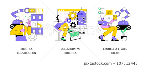 Machine work abstract concept vector illustration set. Robotics construction, collaborative artificial intelligence, remotely operated robots, factory automation, human control abstract metaphor. 107512443