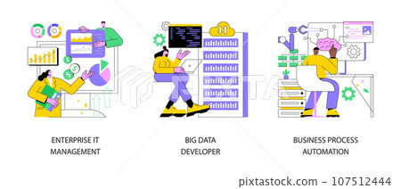 IT software solutions abstract concept vector illustration set. Enterprise IT management, big data developer, business process automation, user interface, software engineering abstract metaphor. 107512444