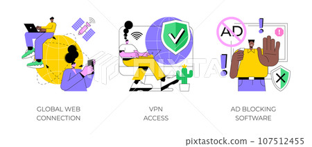 Network access abstract concept vector illustration set. Global web connection, VPN access, Ad blocking software, remote proxy server, web browser, IT technology, plug-in extension abstract metaphor. Network access abstract concept vector illustration set. Global web connection, VPN access, Ad blocking software, remote proxy server, web browser, IT technology, plug-in extension abstract metaphor. 107512455