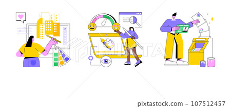 Design services abstract concept vector illustration set. Graphic and print design, emotional engagement, landing web page, freelance illustrator, user experience, business card abstract metaphor. 107512457
