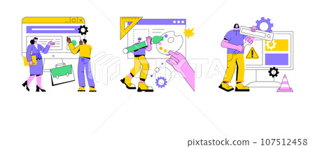 Corporate website abstract concept vector illustration set. UI and UX design, website maintenance, web development, graphic design service, mobile app, user interface, support abstract metaphor. Corporate website abstract concept vector illustration set. UI and UX design, website maintenance, web development, graphic design service, mobile app, user interface, support abstract metaphor. 107512458