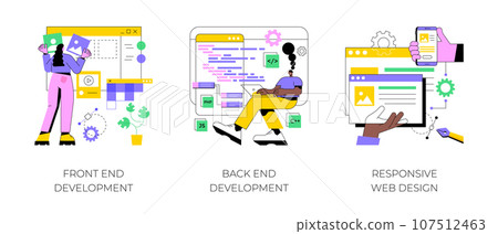 Web development agency abstract concept vector illustration set. Front and back end development, responsive web design, website interface, coding and programming, user experience abstract metaphor. 107512463