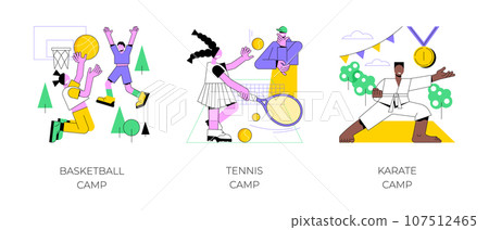 Youth summer holiday abstract concept vector illustration set. Basketball and tennis summer camps, karate vacation program, martial arts, physical activity, sport academy, training abstract metaphor. Youth summer holiday abstract concept vector illustration set. Basketball and tennis summer camps, karate vacation program, martial arts, physical activity, sport academy, training abstract metaphor. 107512465