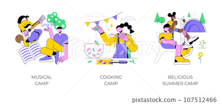 Children summer vacation abstract concept vector illustration set. Musical summer camp, culinary education for kids, religious camp, playing instrument, young chief, Bible study abstract metaphor. 107512466