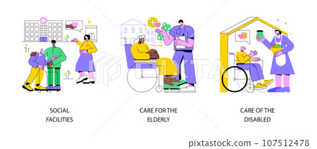 Social services work abstract concept vector illustration set. Social facilities, care for the elderly and disabled people, health care, retired people, nursing home, wheelchair abstract metaphor. 107512478
