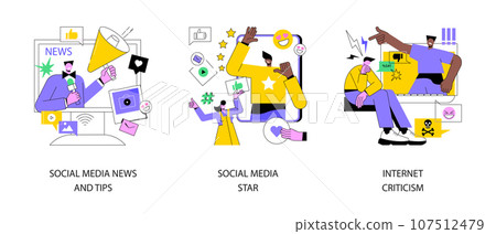 Digital content abstract concept vector illustration set. Social media news and tips, influencer, internet criticism, personal blog, hate speech, comments and share, fake profile abstract metaphor. 107512479