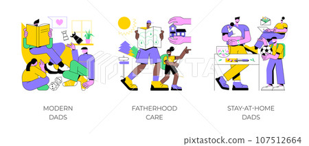 Parenthood abstract concept vector illustration set. Modern dads, fatherhood care, stay-at-home dads, happy kid family, fathers day, breadwinner mom, parental leave, domestic work abstract metaphor. 107512664