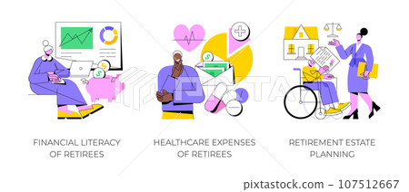 Retiree budget plan abstract concept vector illustration set. Financial literacy of retirees, healthcare expenses, retirement estate planning, health insurance plan, law advisor abstract metaphor. 107512667